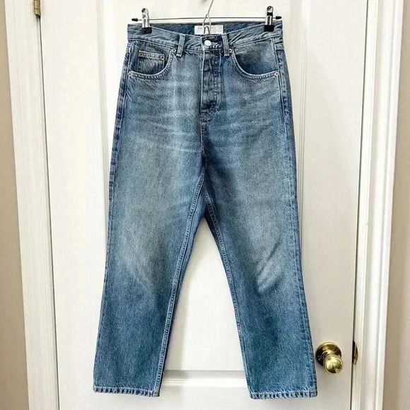 Topshop Editor Jeans High Rise Straight Leg Denim Cropped Button Fly Blue 26 - Picture 4 of 16